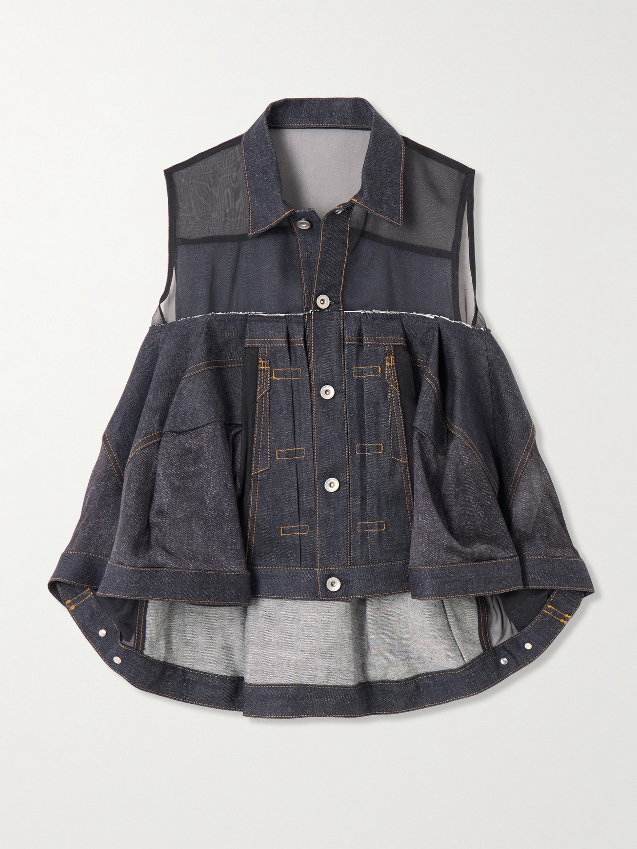 Sacai Sheer Panel Mixed Media Denim Shirt In Blue