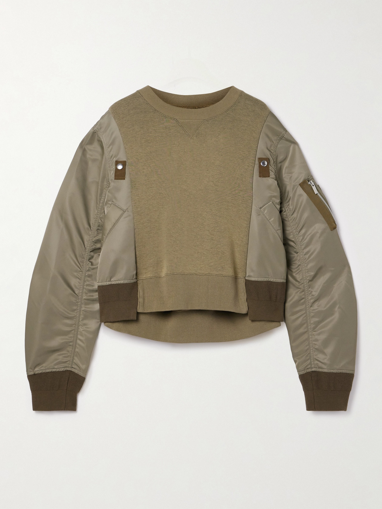 Sacai Paneled Grosgrain-trimmed Cotton-blend Jersey And Shell Sweatshirt In Green
