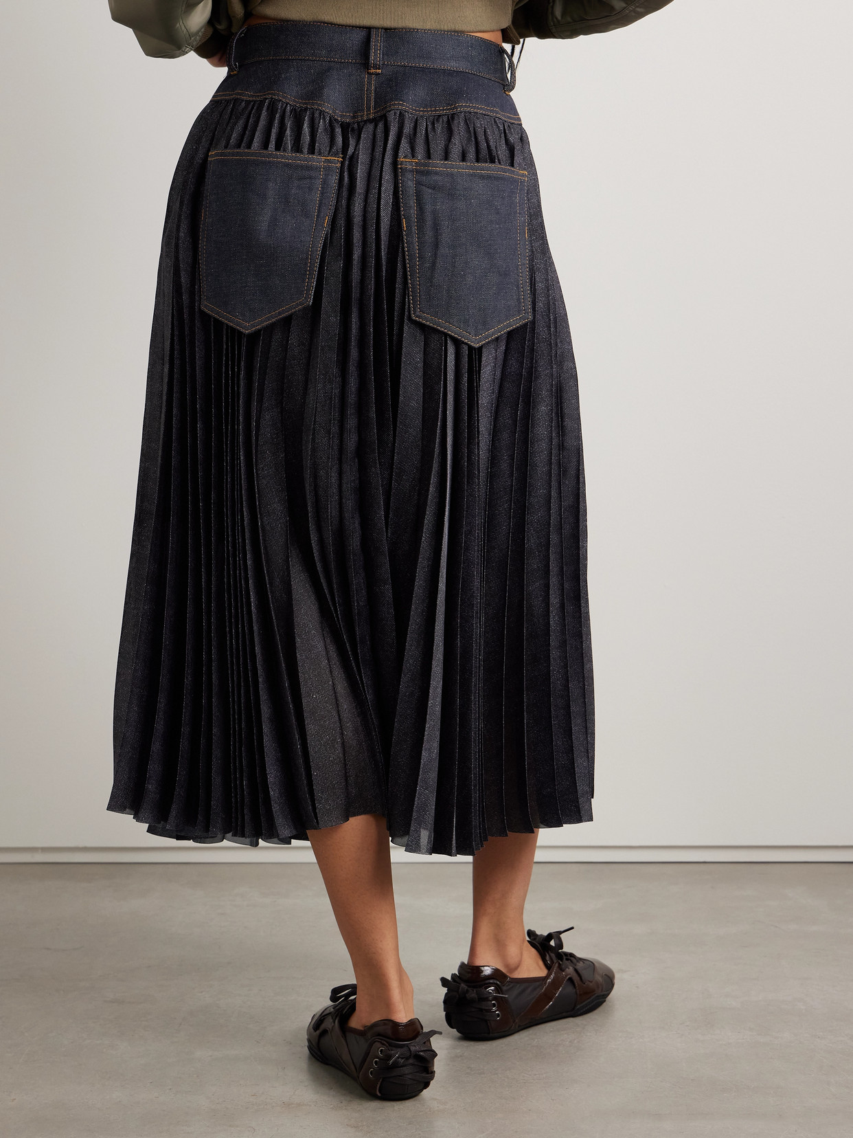 Sacai Denim-trimmed Pleated Printed Crepe De Chine Midi Wrap Skirt In Blue