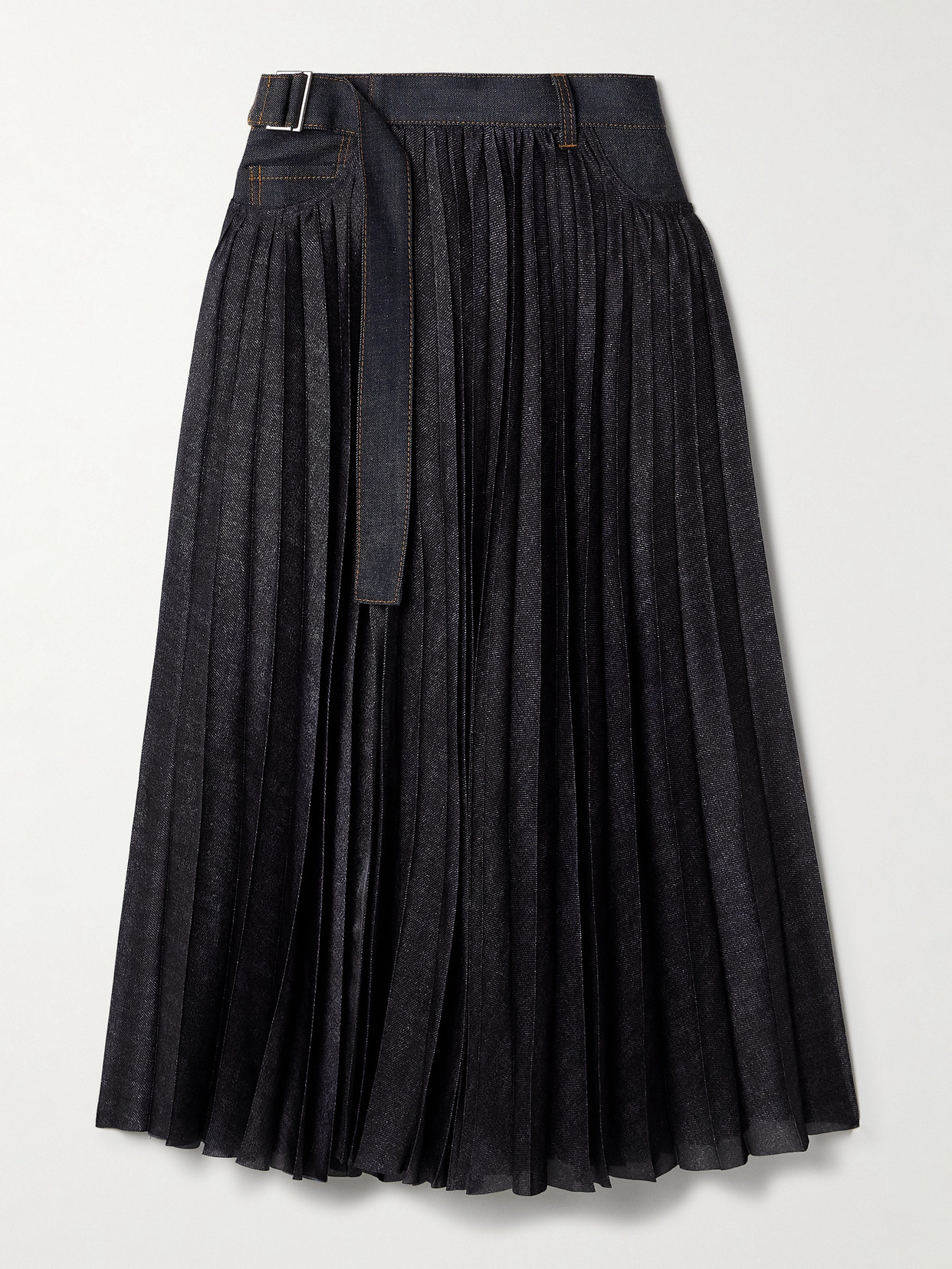 Sacai Denim-trimmed Pleated Printed Crepe De Chine Midi Wrap Skirt In Blue