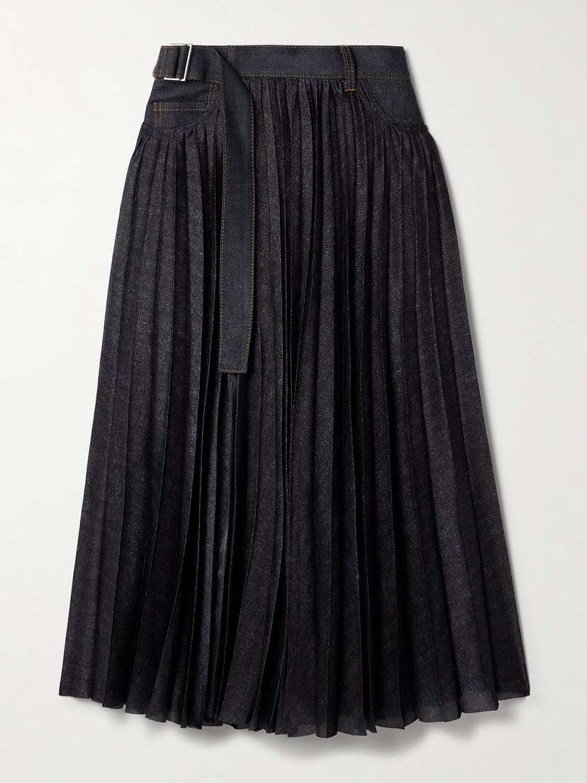Sacai Denim-trimmed Pleated Printed Crepe De Chine Midi Wrap Skirt