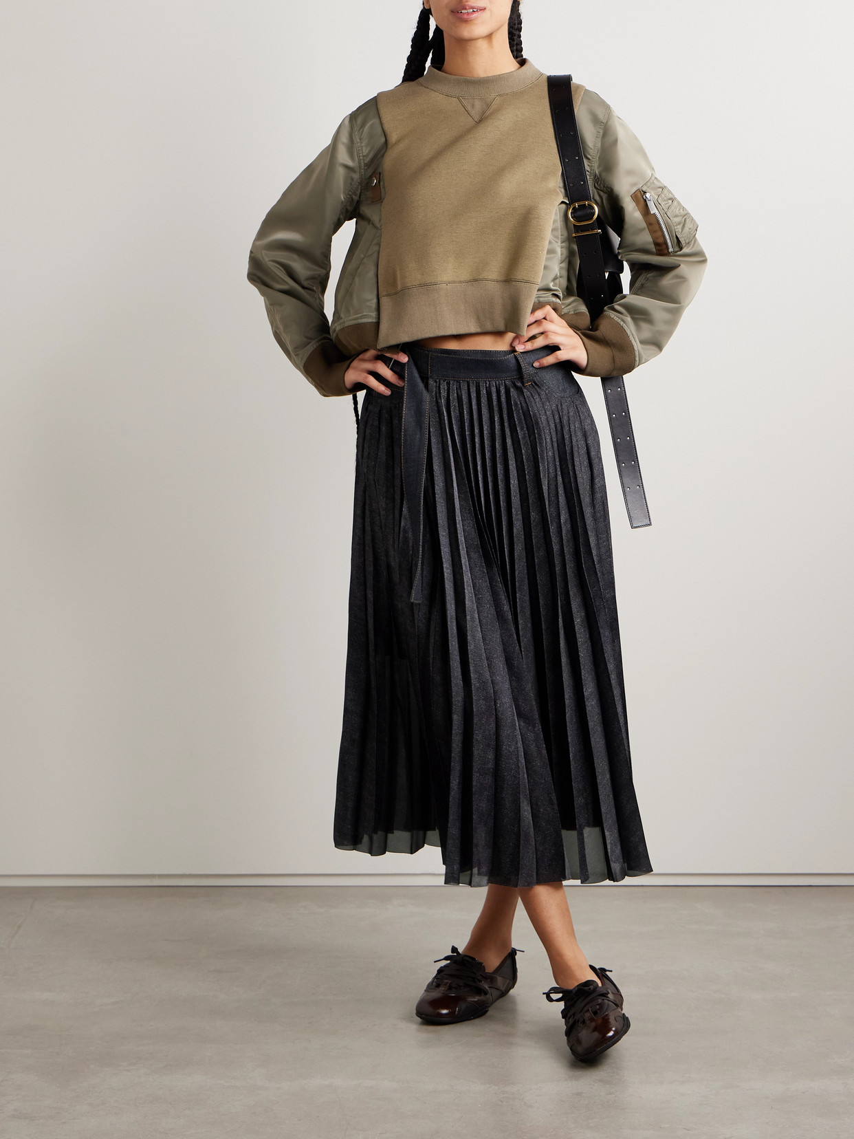 Sacai Denim-trimmed Pleated Printed Crepe De Chine Midi Wrap Skirt In Blue