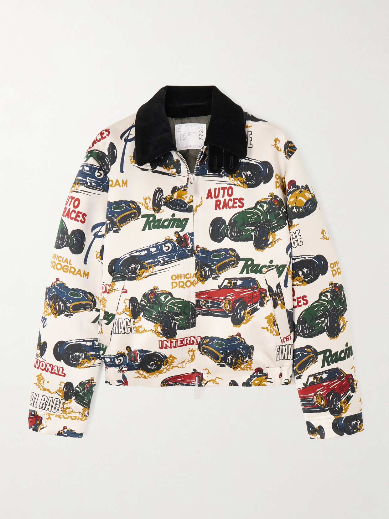Sacai Car Race Tropical Velvet-trimmed Printed Satin Jacket In Off-white