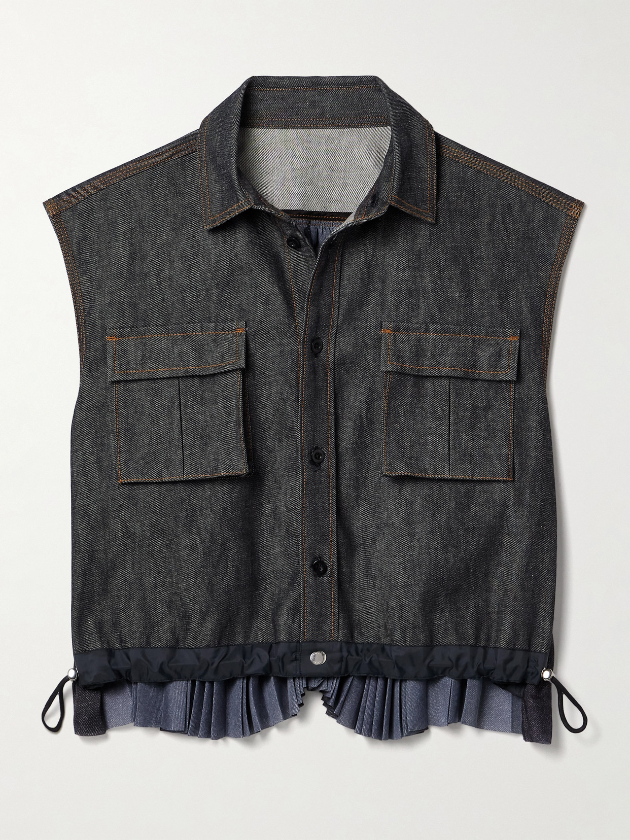 Sacai Denim And Pleated Crepe De Chine Vest In Blue