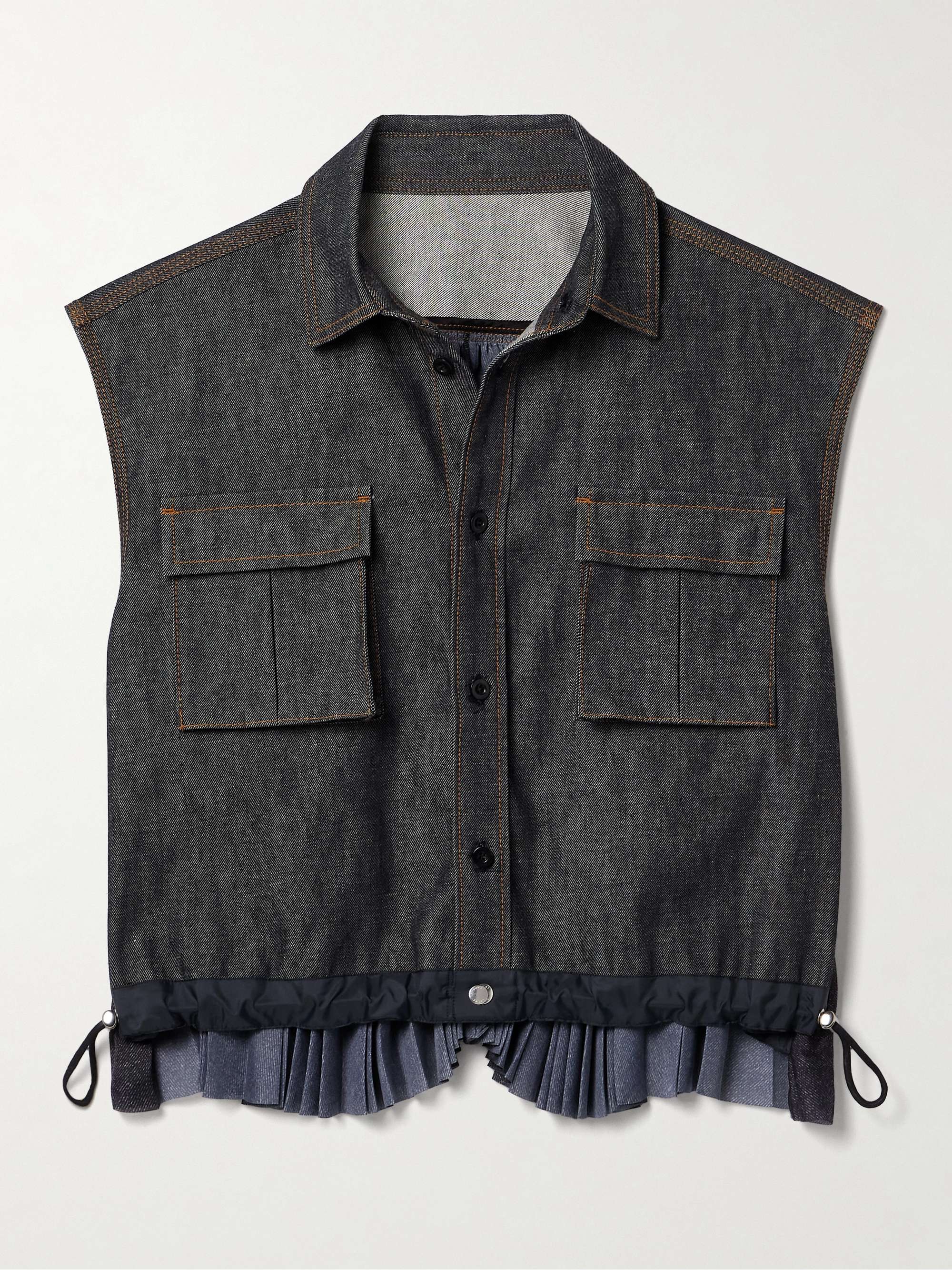 メーカー直売所 SACAI デニム＆クレープデシン ベスト プリーツ入り | NET-A-PORTER トップス
