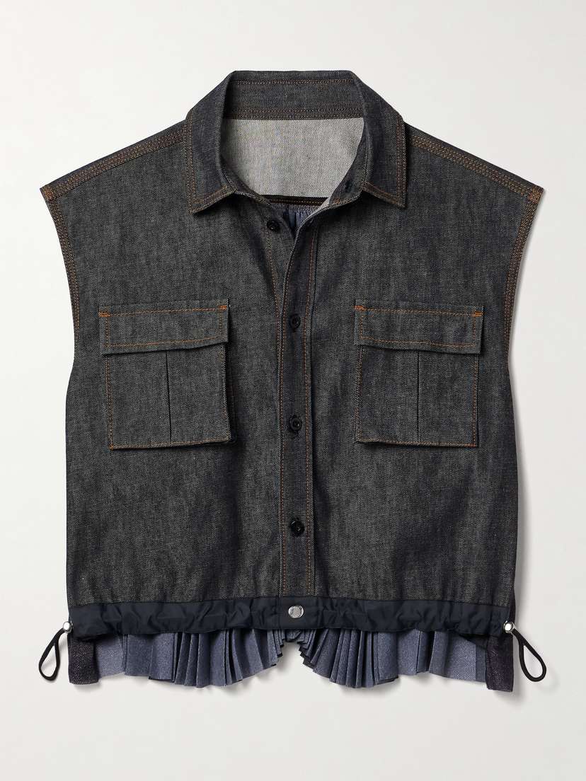 Sacai Denim And Pleated Crepe De Chine Vest