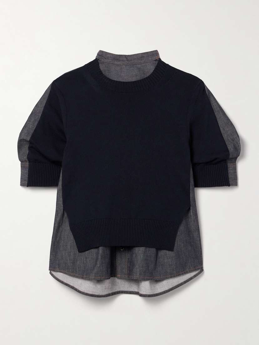 Sacai Layered Knitted Cotton-blend And Denim Shirt