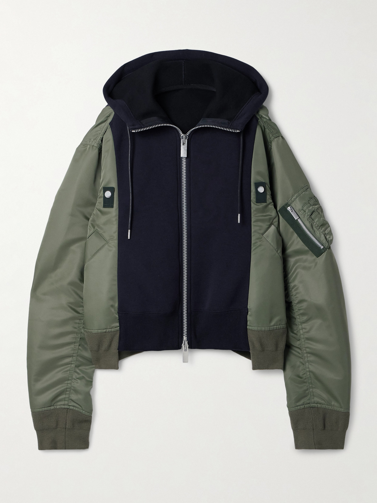 Sacai Hooded Paneled Shell And Cotton-blend Jersey Jacket In Green
