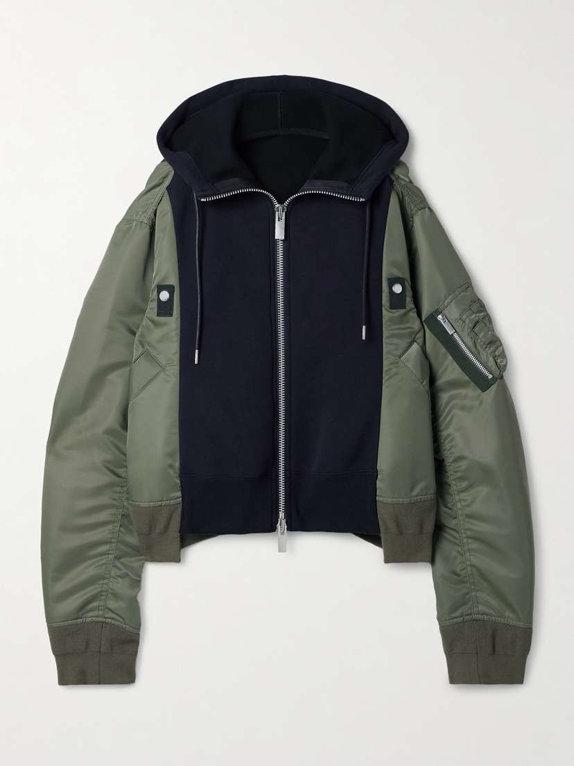Sacai Hooded Paneled Shell And Cotton-blend Jersey Jacket