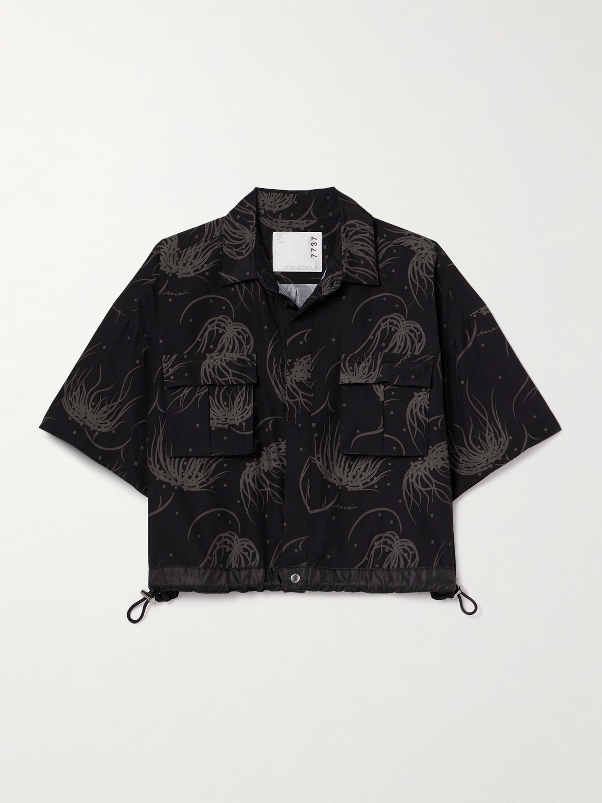 Sacai Cropped Shell-trimmed Printed Poplin Shirt In Black