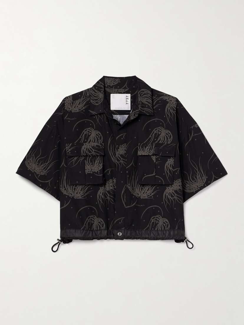 Sacai Cropped Shell-trimmed Printed Poplin Shirt