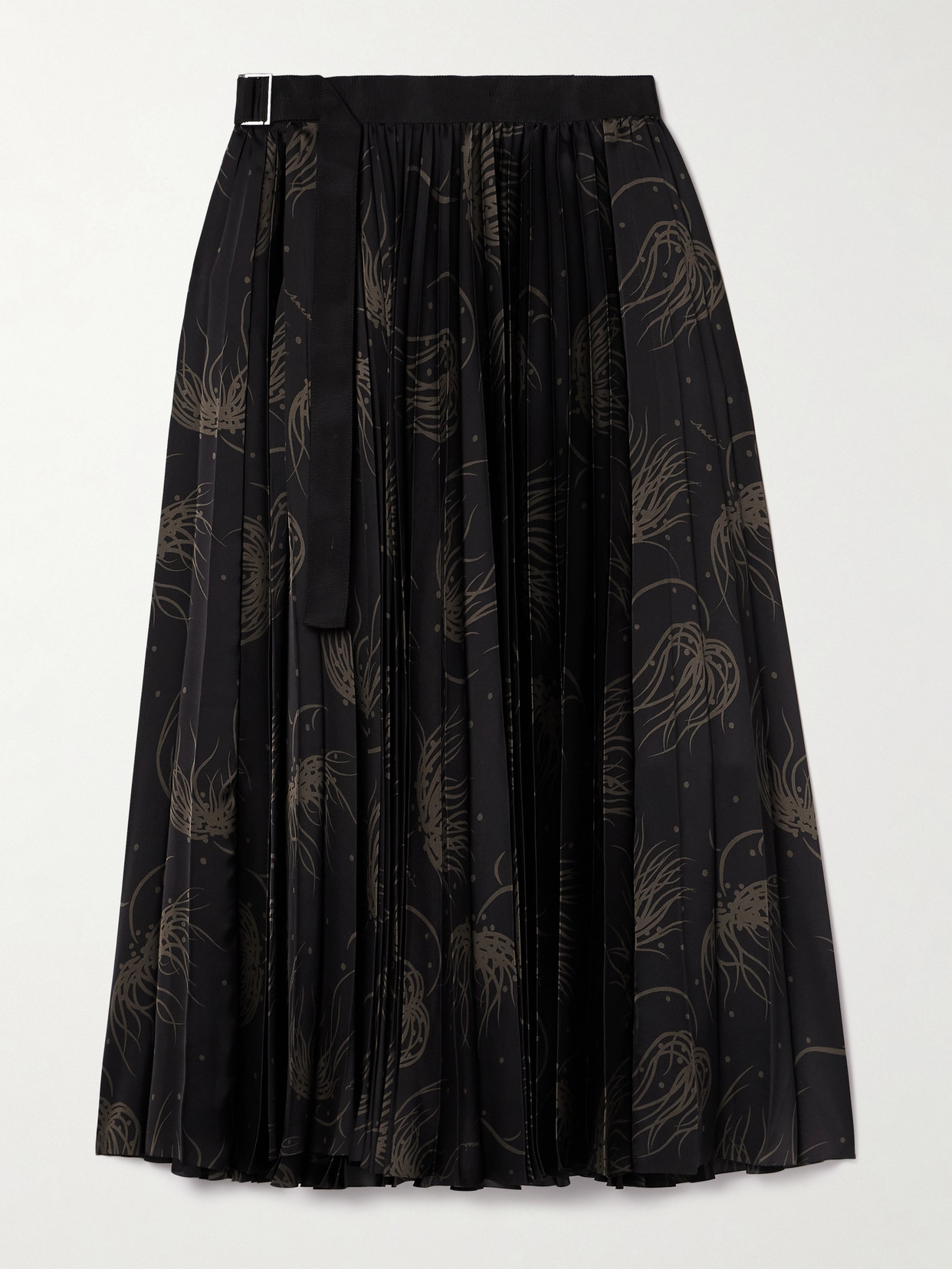 Sacai Wrap-effect Pleated Printed Satin Midi Skirt In Black