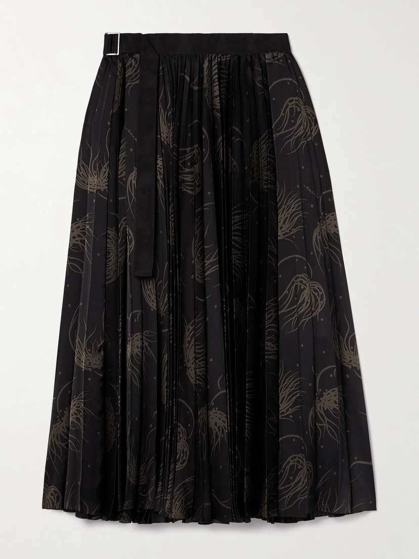Sacai Wrap-effect Pleated Printed Satin Midi Skirt