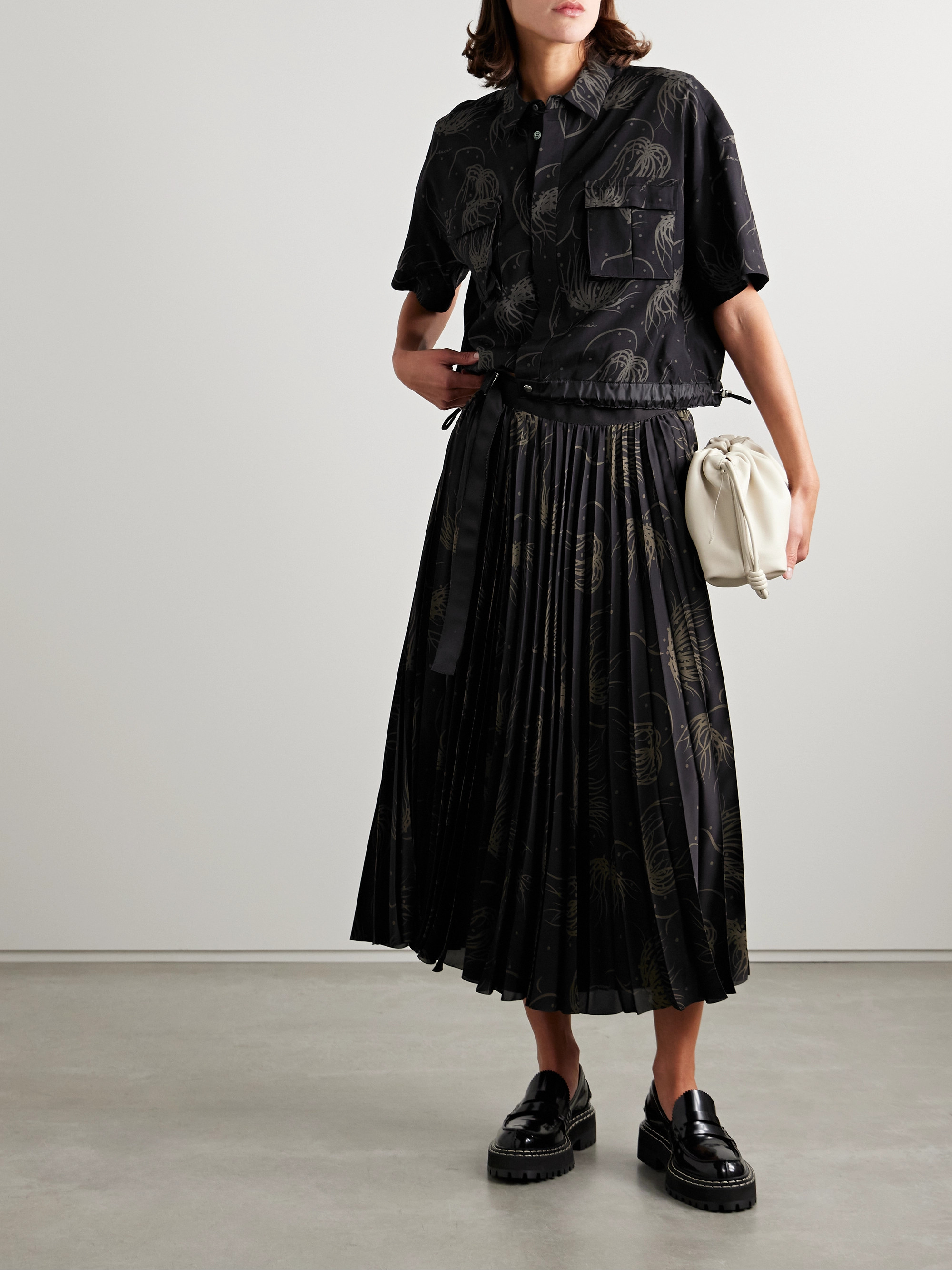 Sacai Wrap-effect pleated printed satin midi skirt