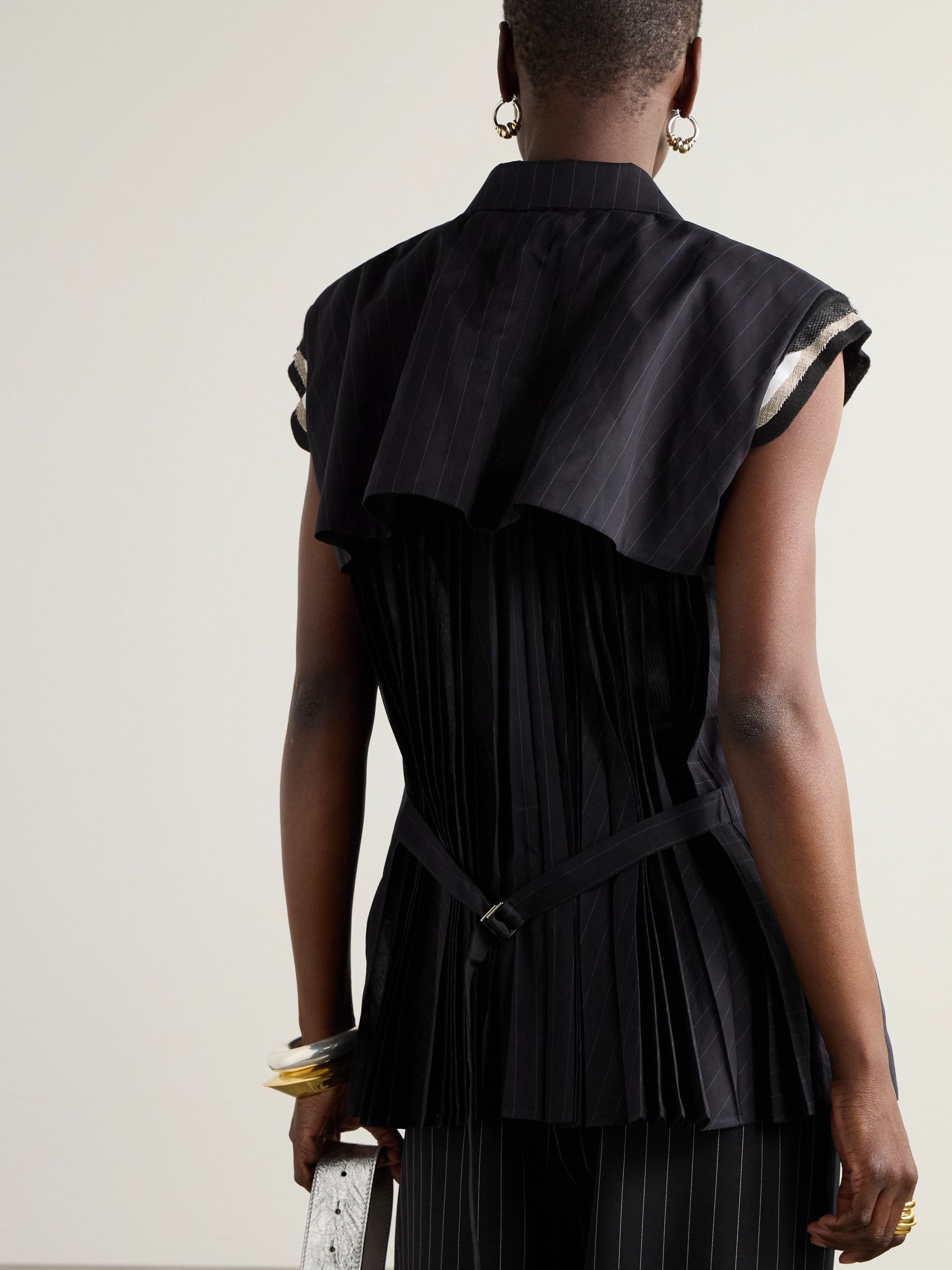 Sacai Doublre-breasted canvas-trimmed pinstriped cotton-voile vest thumbnail