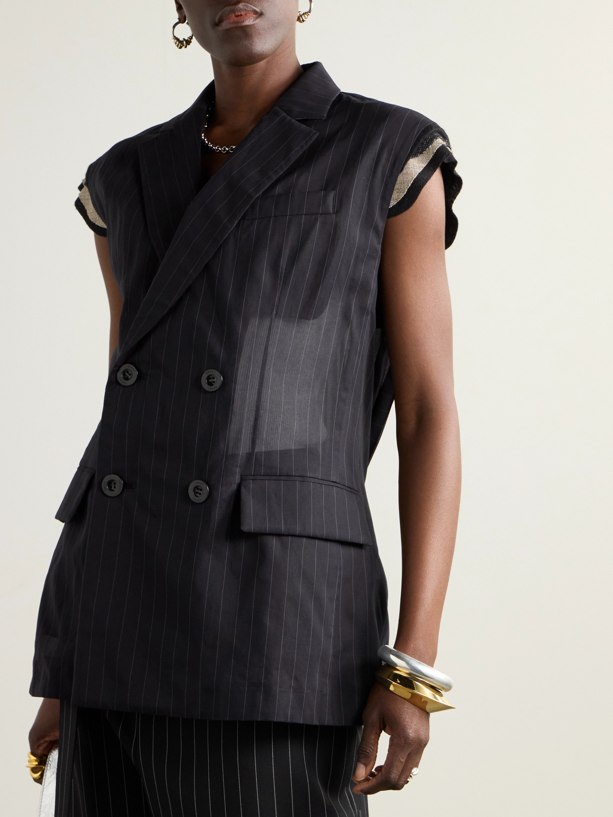Sacai Doublre-breasted Canvas-trimmed Pinstriped Cotton-voile Vest In Black
