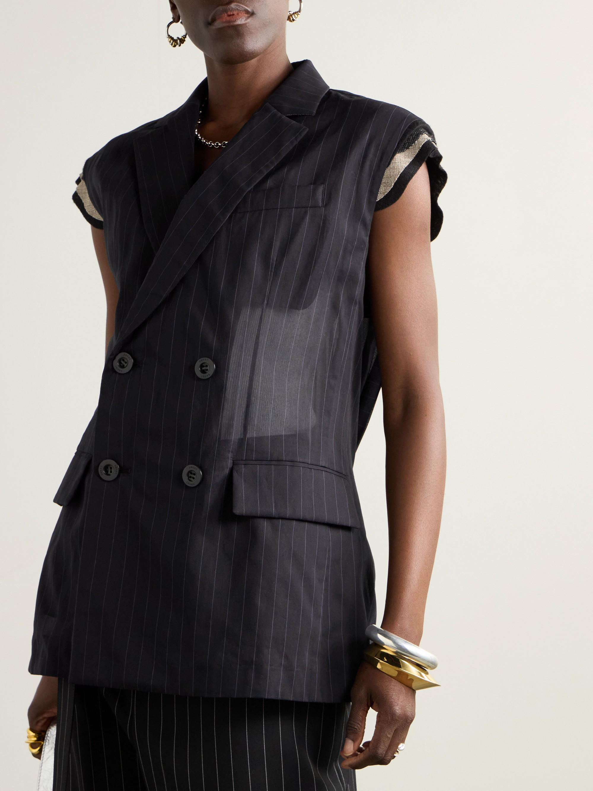 Sacai Doublre-breasted canvas-trimmed pinstriped cotton-voile vest