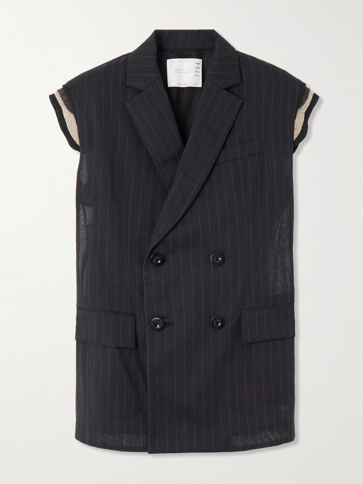Sacai Doublre-breasted Canvas-trimmed Pinstriped Cotton-voile Vest In Black