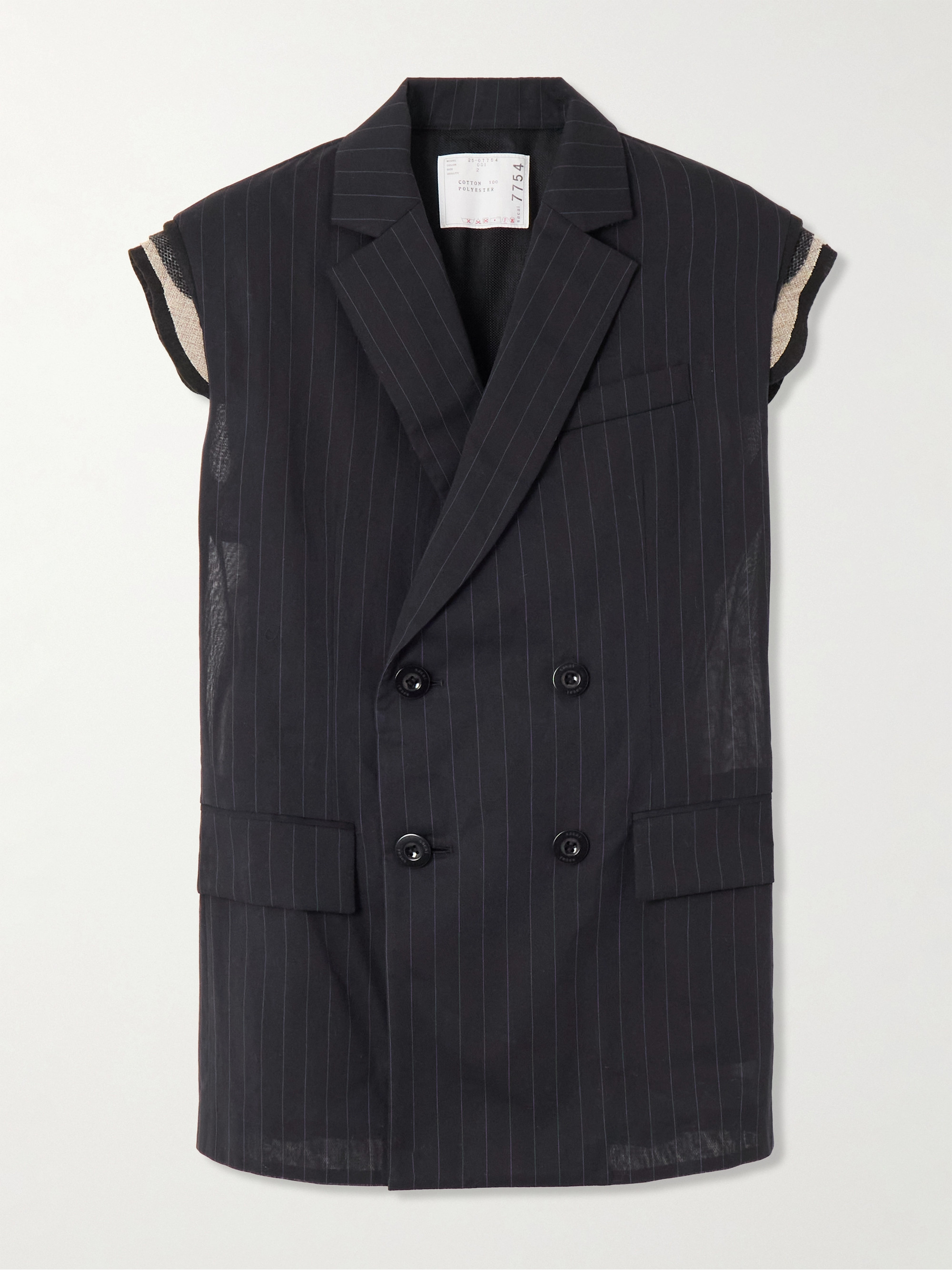 Sacai Doublre-breasted canvas-trimmed pinstriped cotton-voile vest thumbnail
