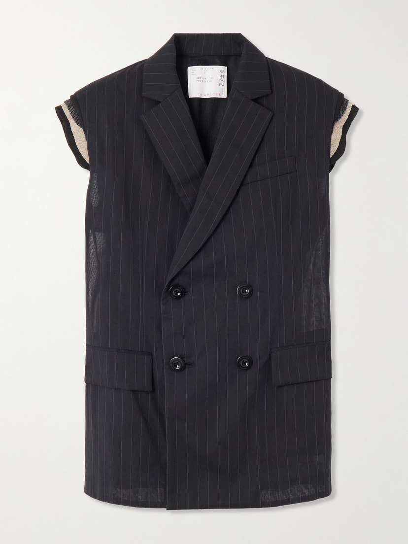 Sacai Double-breasted Canvas-trimmed Pinstriped Cotton-voile Vest