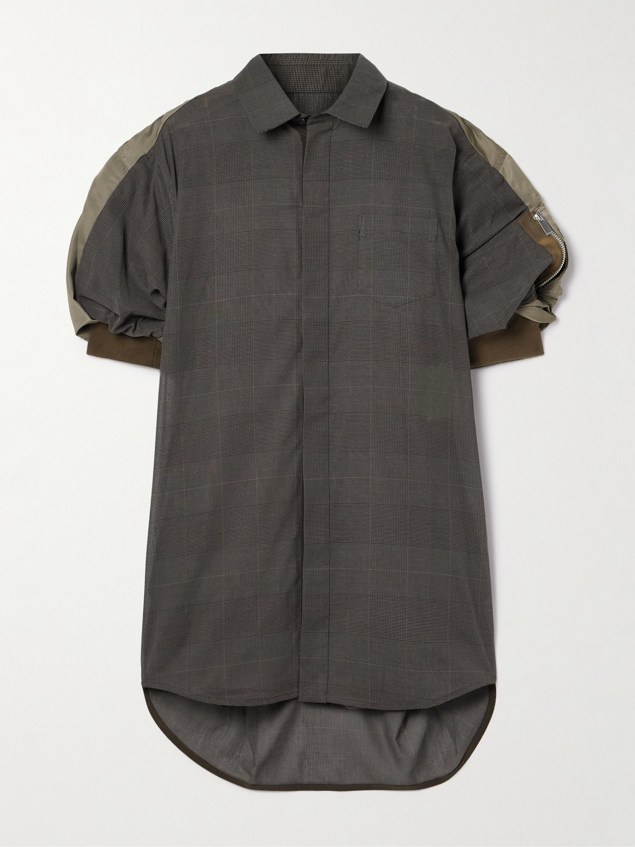 Sacai Asymmetric Shell-trimmed Checked Cotton-voile Mini Shirt Dress In Brown