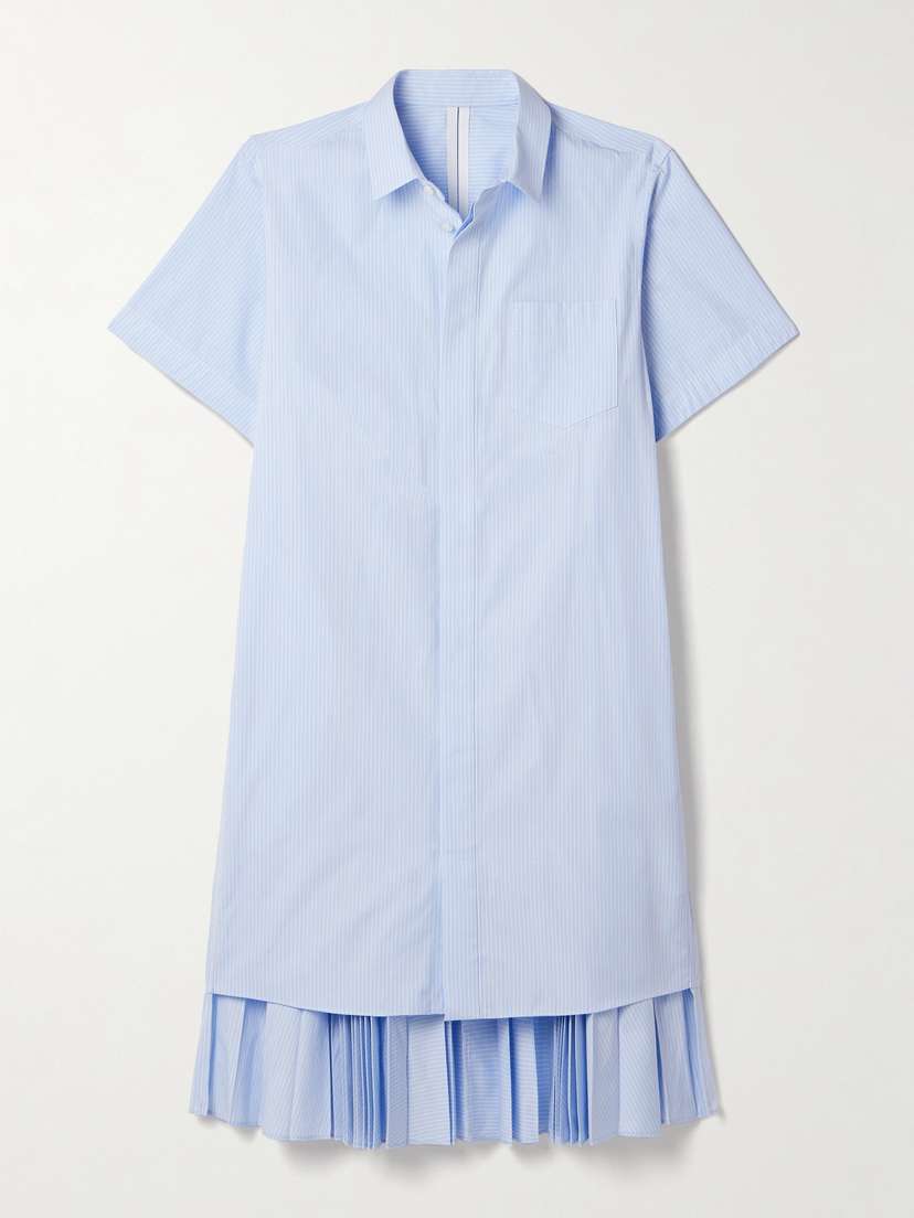 Sacai Layered Pleated Pinstriped Poplin Midi Shirt Dress