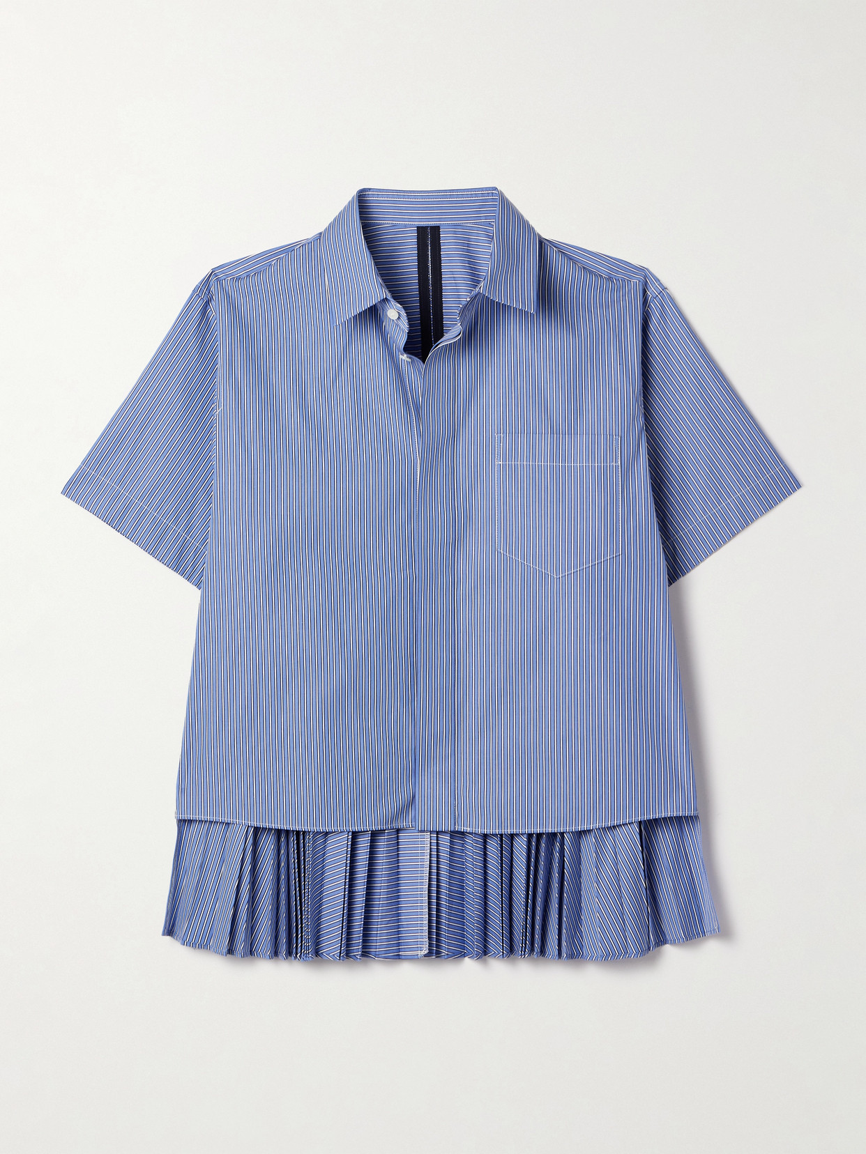 Sacai Layered Pleated Pinstriped Poplin Shirt In Blue