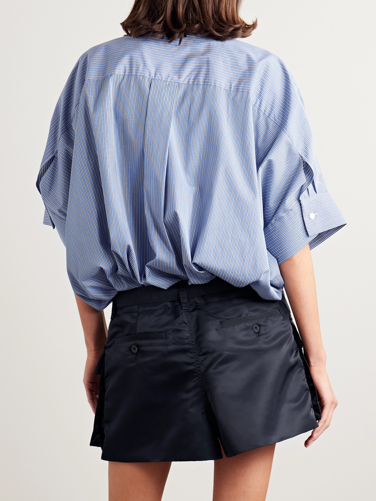 Sacai Belted Pinstriped Poplin And Shell Mini Dress In Blue