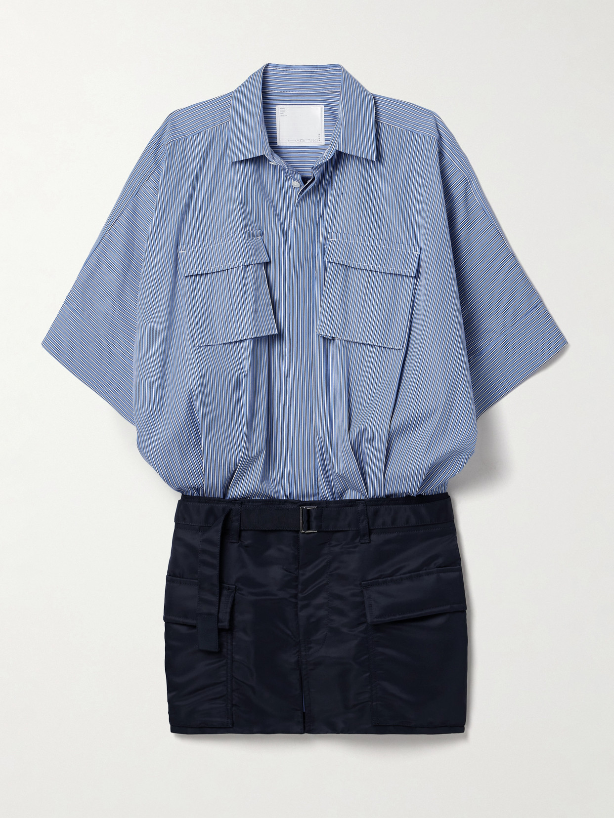 Sacai Belted Pinstriped Poplin And Shell Mini Dress In Blue