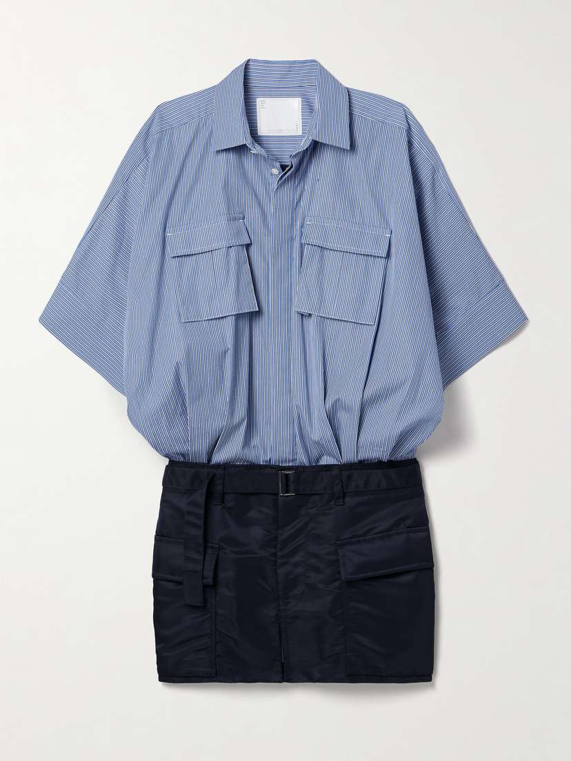 Sacai Belted Pinstriped Poplin And Shell Mini Dress