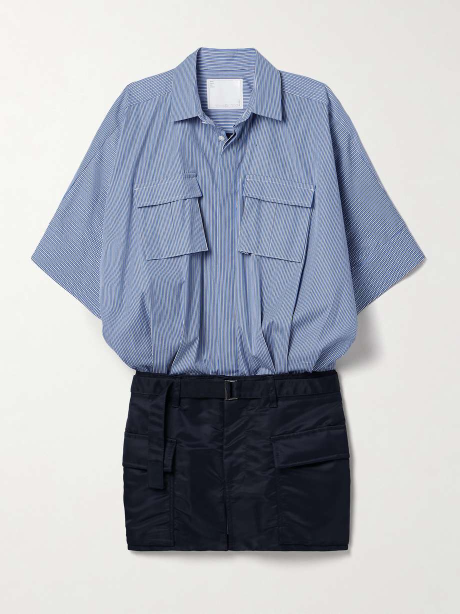 belted pinstriped poplin and shell mini dress