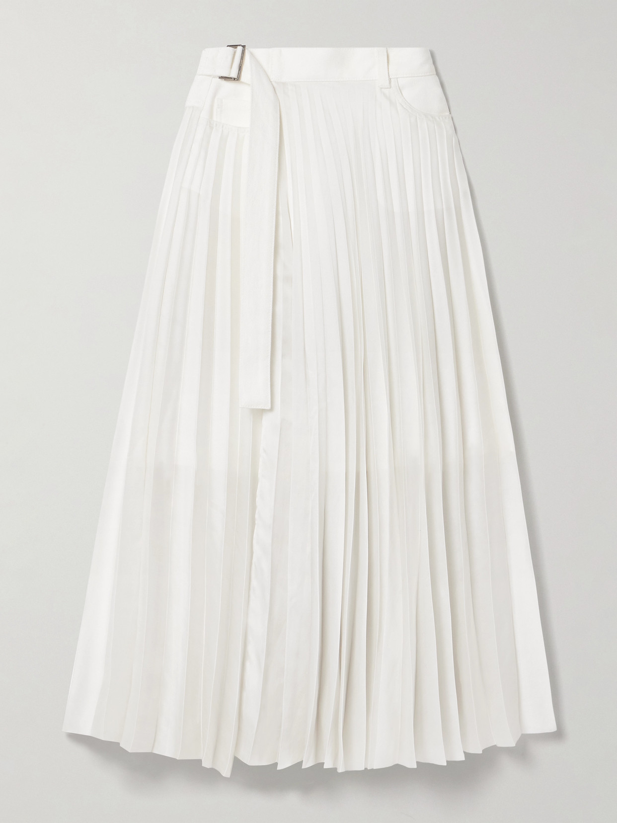 Sacai Belted Denim-trimmed Pleated Satin Midi Wrap Skirt In Off-white
