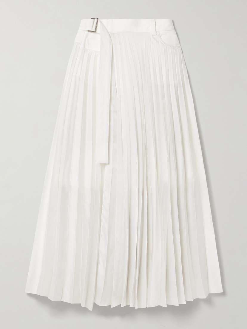 Sacai Belted Denim-trimmed Pleated Satin Midi Wrap Skirt