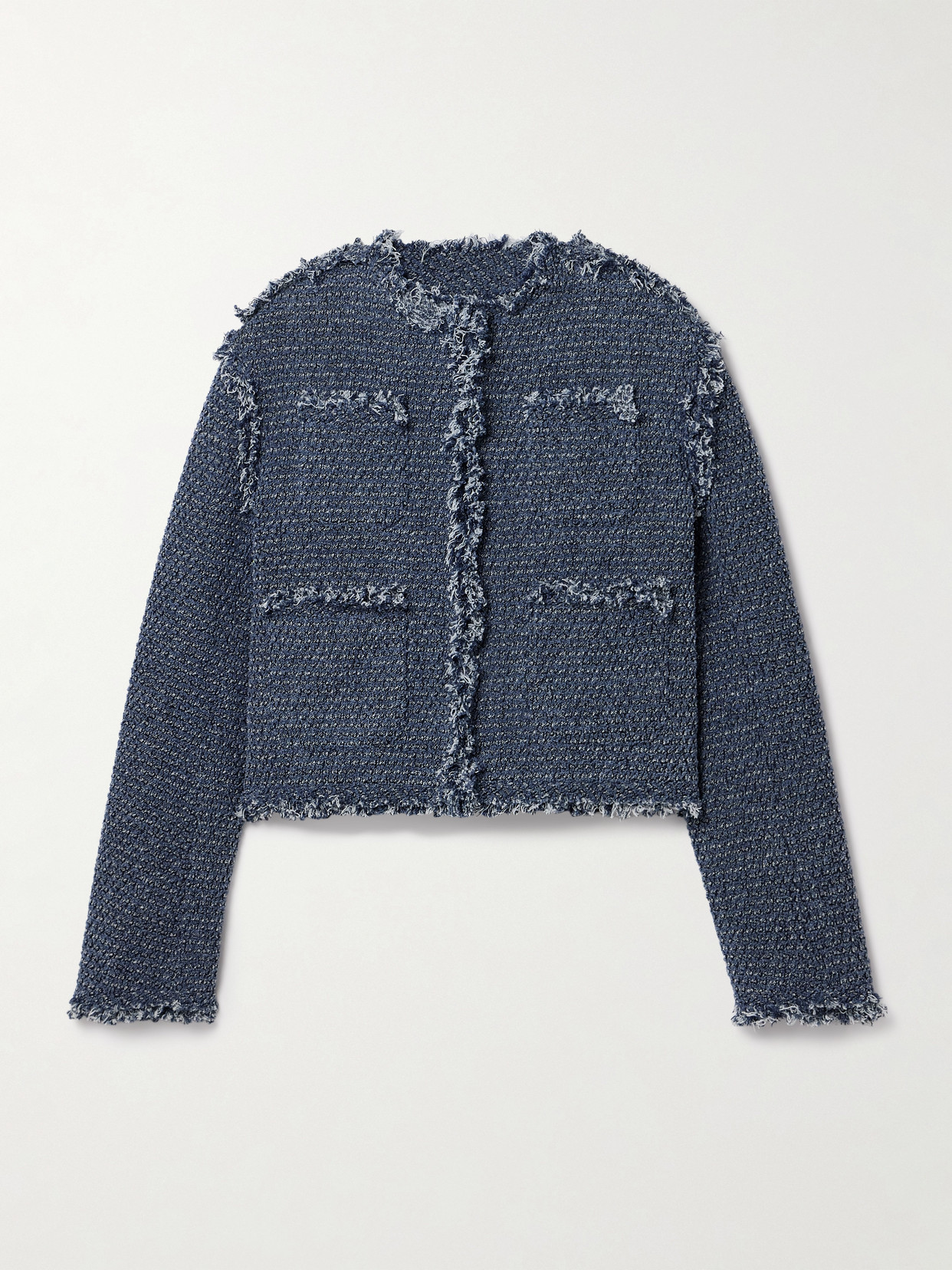 Sacai Denim-paneled Frayed Cotton-bouclé Jacket In Blue