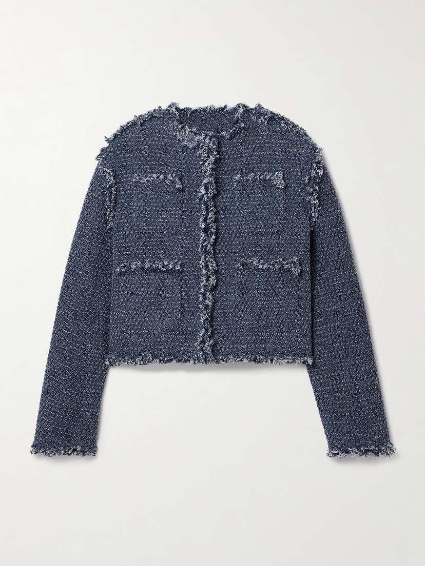 Sacai Denim-paneled Frayed Cotton-bouclé Jacket