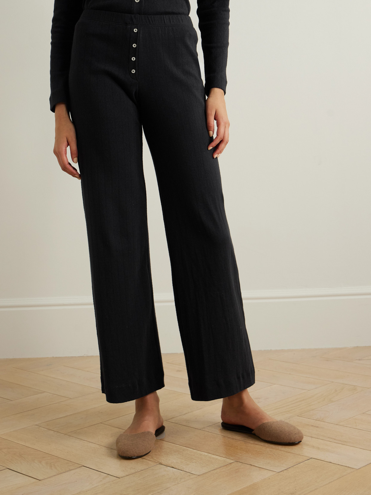 Leset Boxer Pointelle-knit Cotton Wide-leg Pants