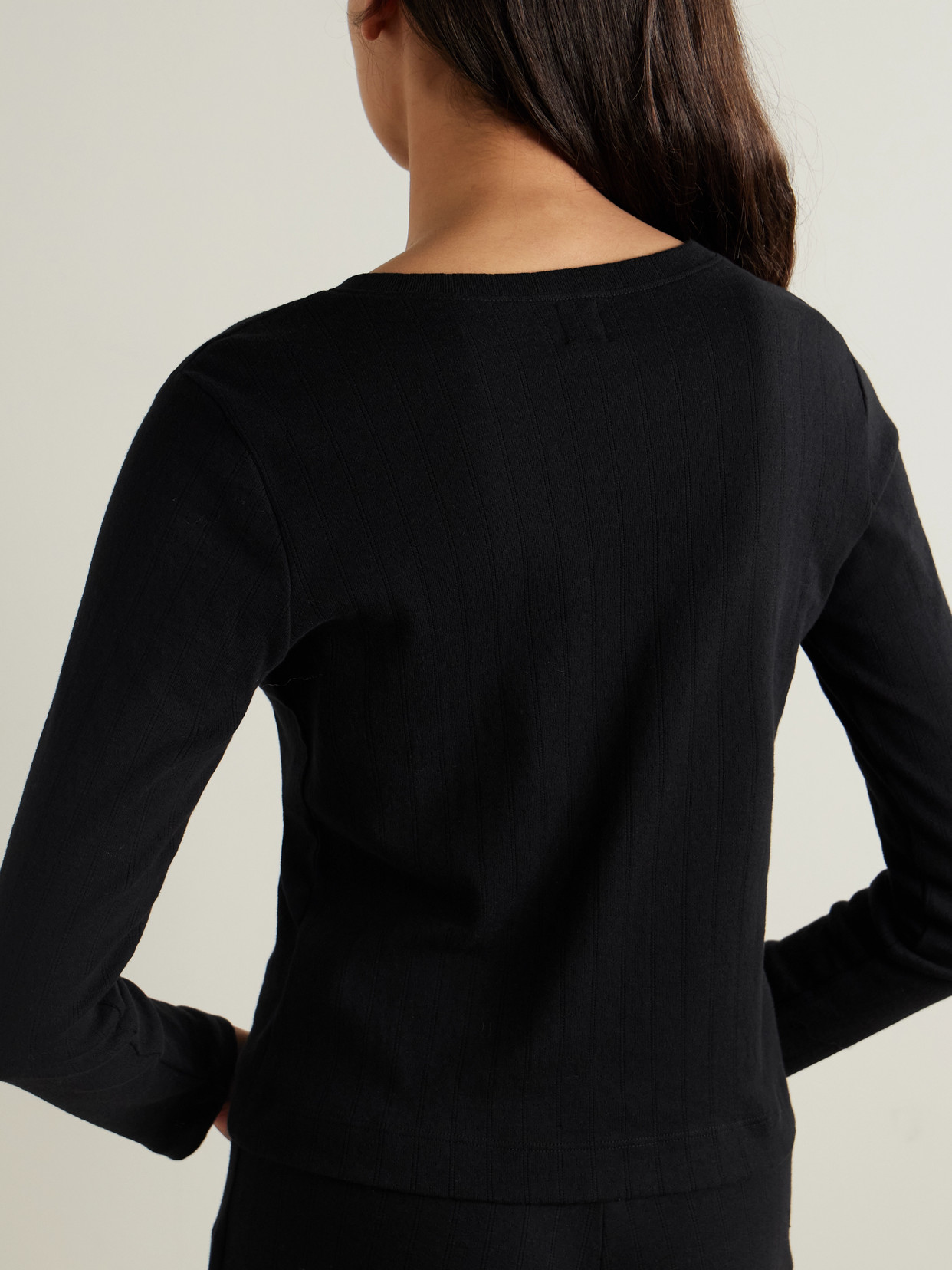 Leset Women's Classic Crewneck Pointelle Crewneck Cardigan In Black