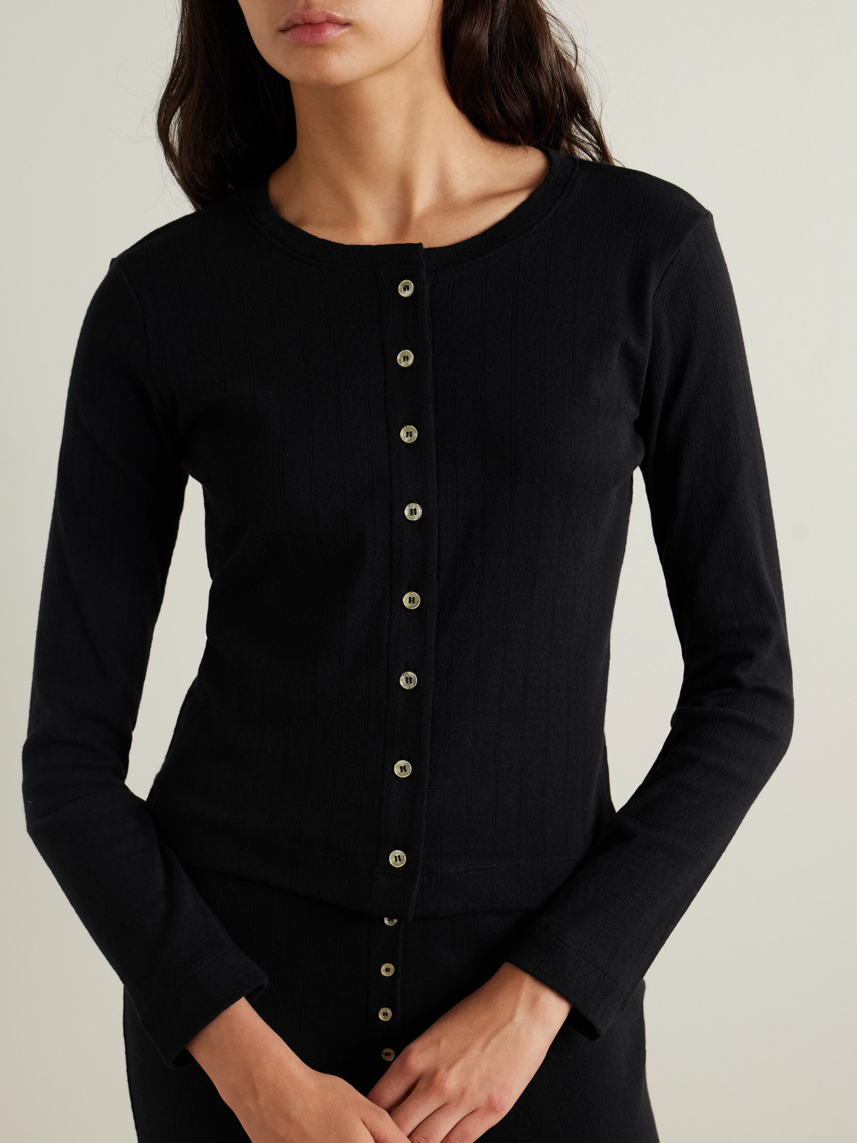 Leset Women's Classic Crewneck Pointelle Crewneck Cardigan In Black