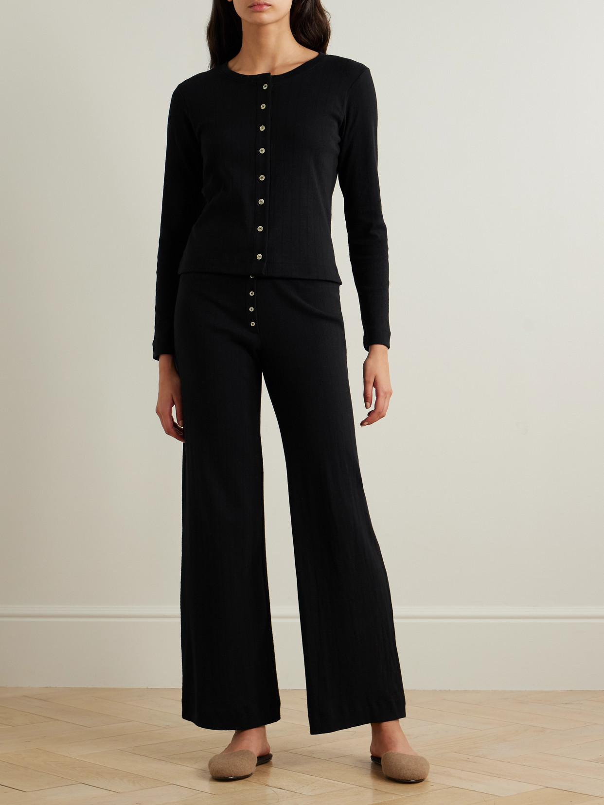 Leset Women's Classic Crewneck Pointelle Crewneck Cardigan In Black
