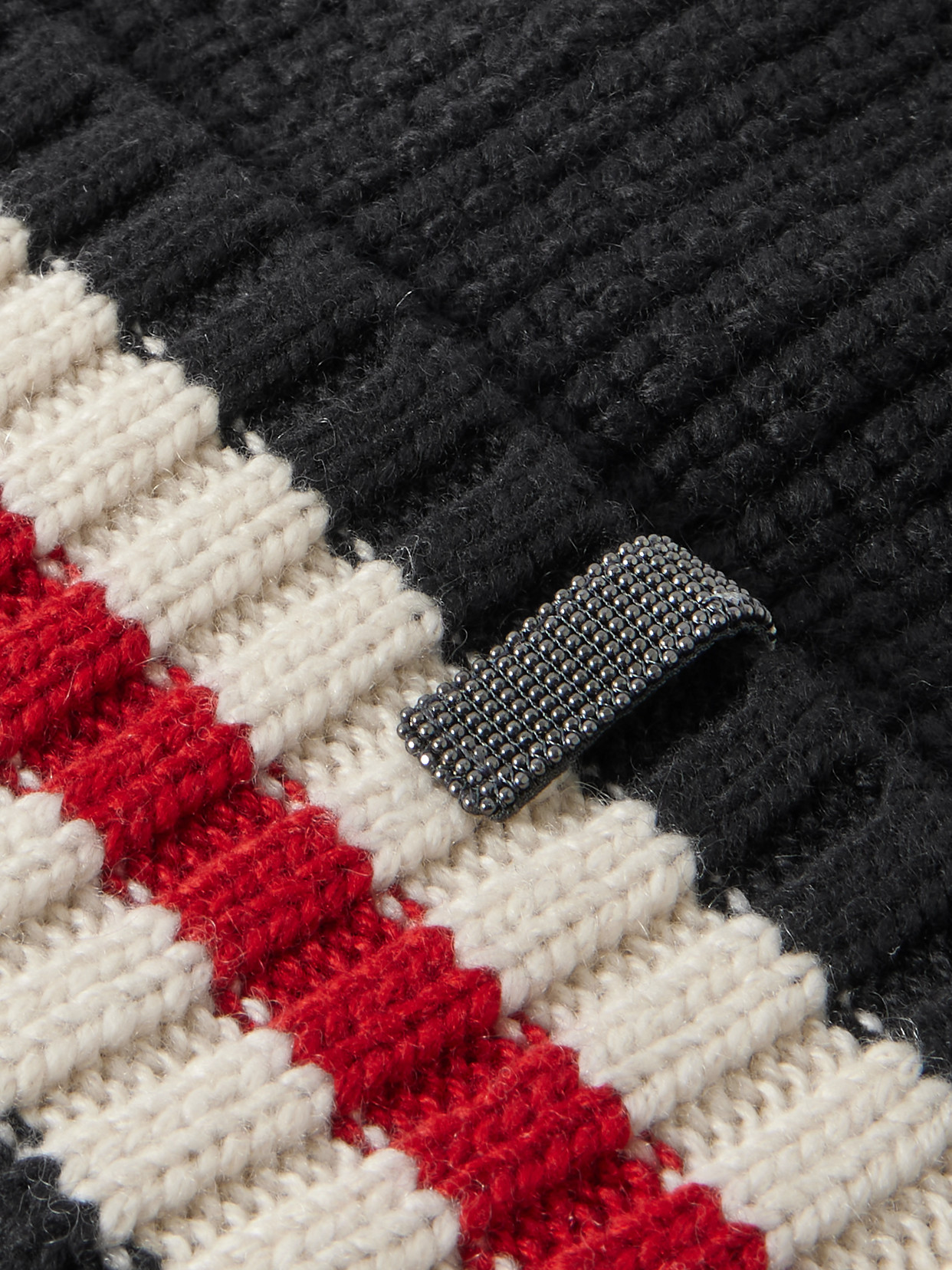 Brunello Cucinelli Bead-embellished Striped Ribbed Cashmere Beanie In Blue