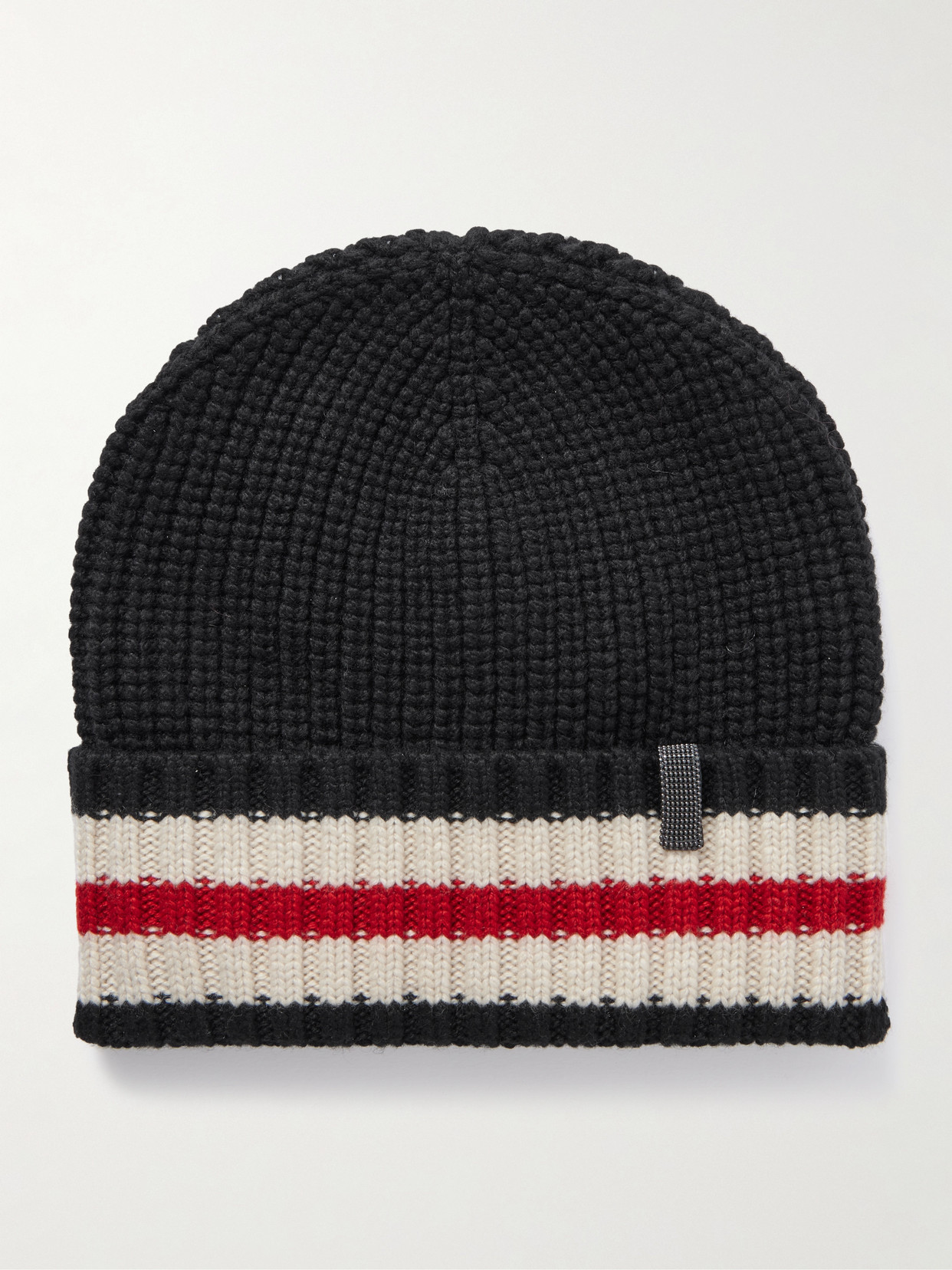 Brunello Cucinelli Bead-embellished Striped Ribbed Cashmere Beanie In Blue