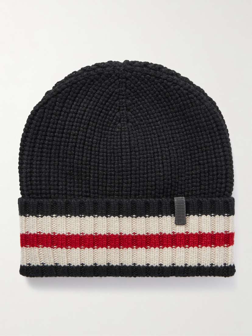 Brunello Cucinelli Bead-embellished Striped Ribbed Cashmere Beanie
