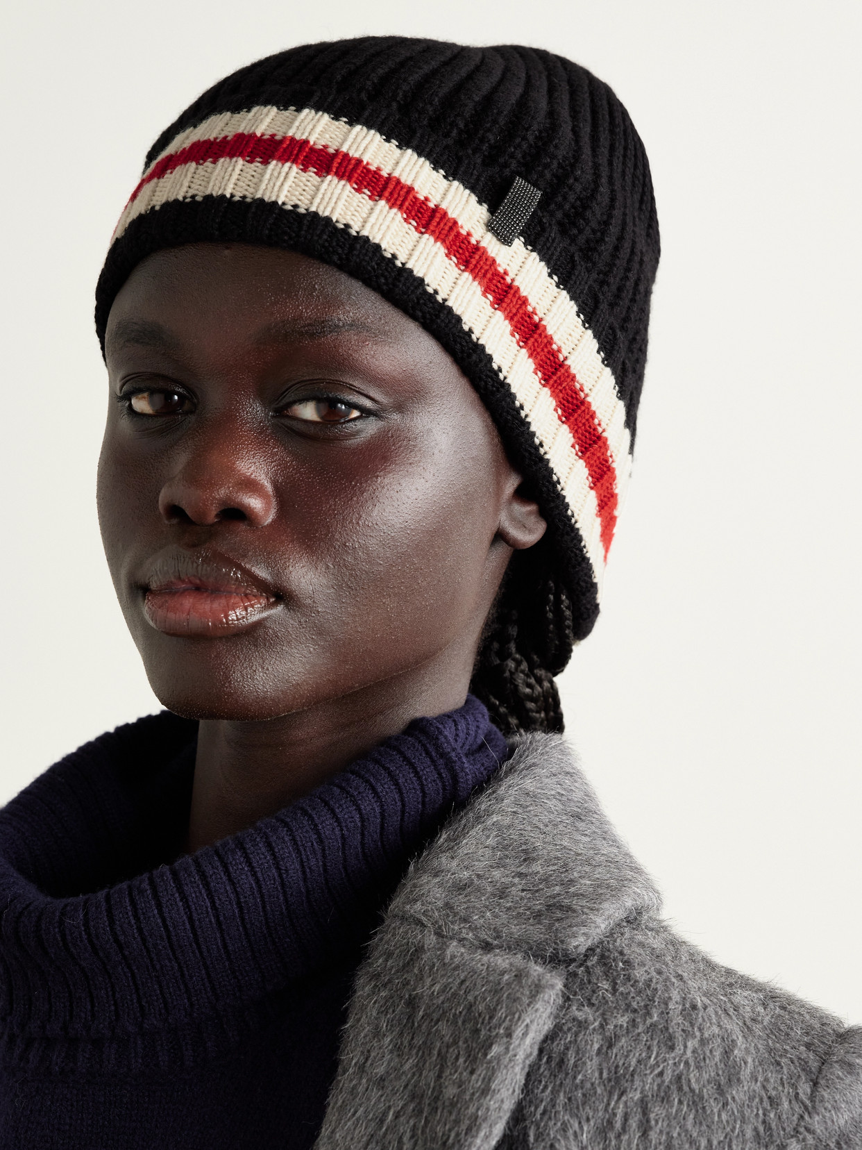 Brunello Cucinelli Bead-embellished Striped Ribbed Cashmere Beanie In Blue