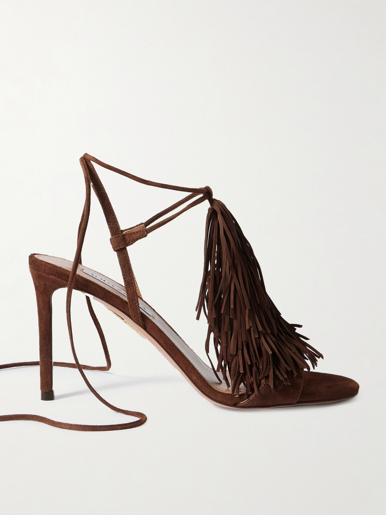 Aquazzura 85 Fringed Suede Open Toe Sandals In Brown