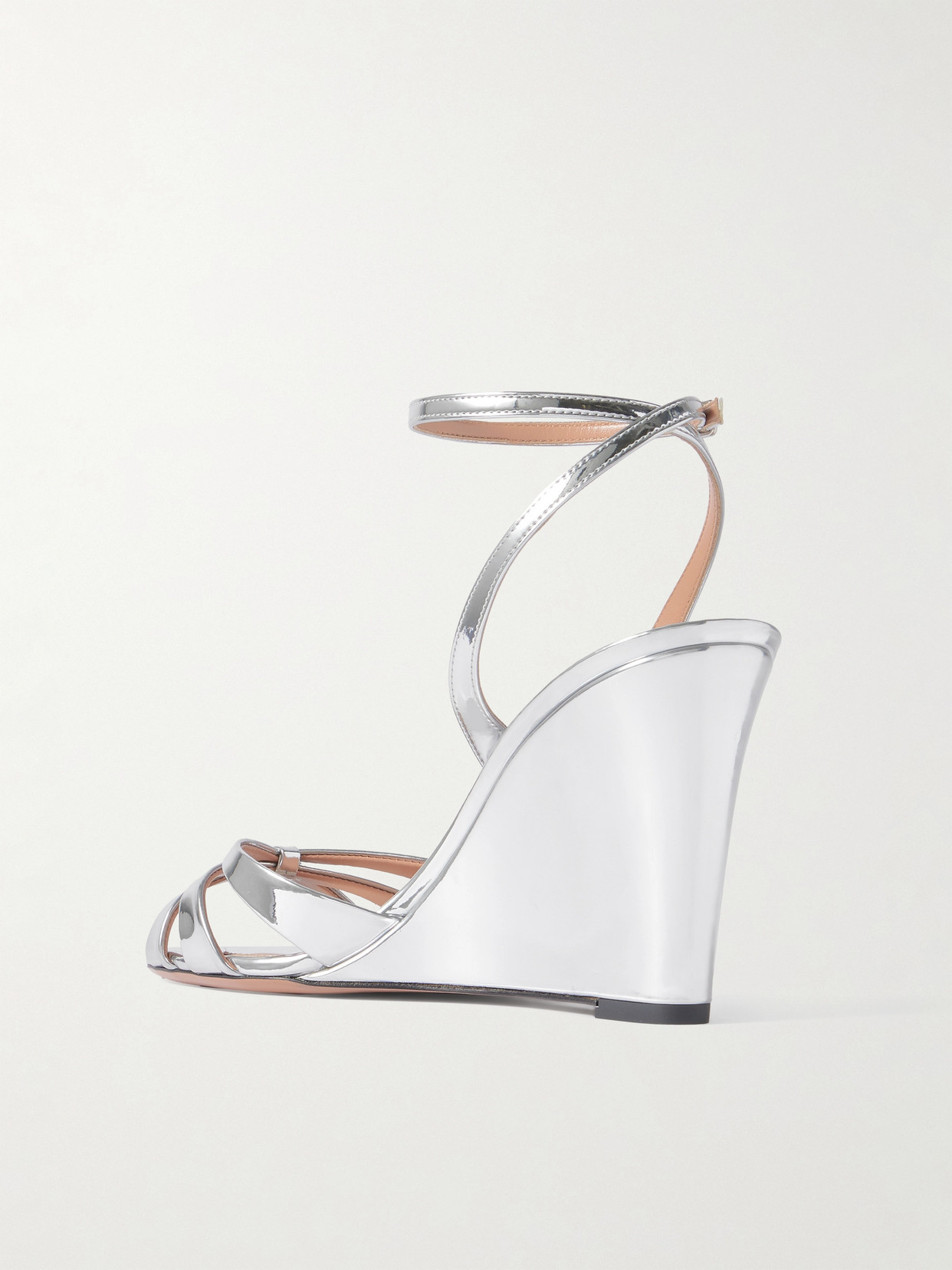 Aquazzura Tati 85 Mirrored Faux Leather Wedge Sandals In Silver