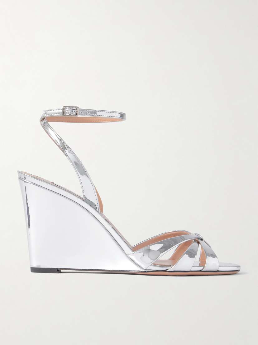 Aquazzura Tati 85 Metallic Leather Wedge Sandals