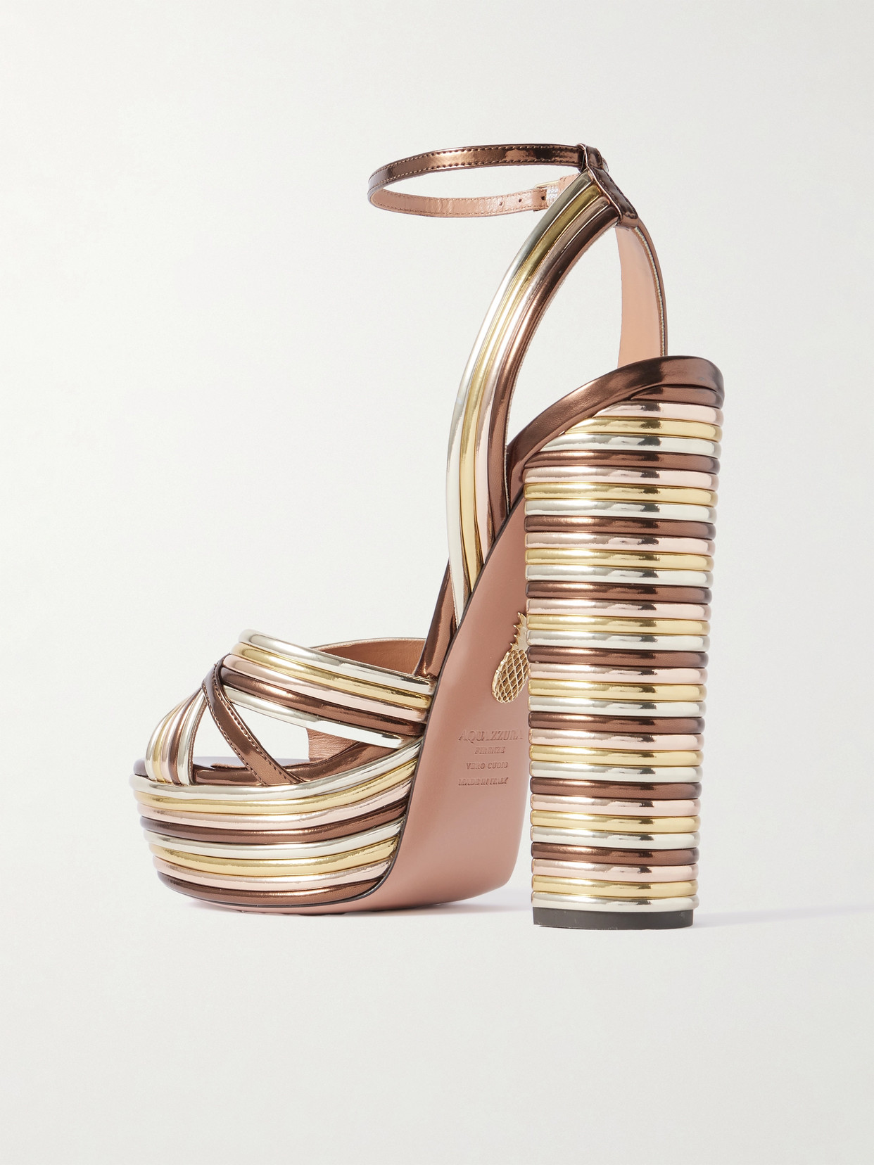 AQUAZZURA SUNDANCE 140 METALLIC LEATHER PLATFORM SANDALS
