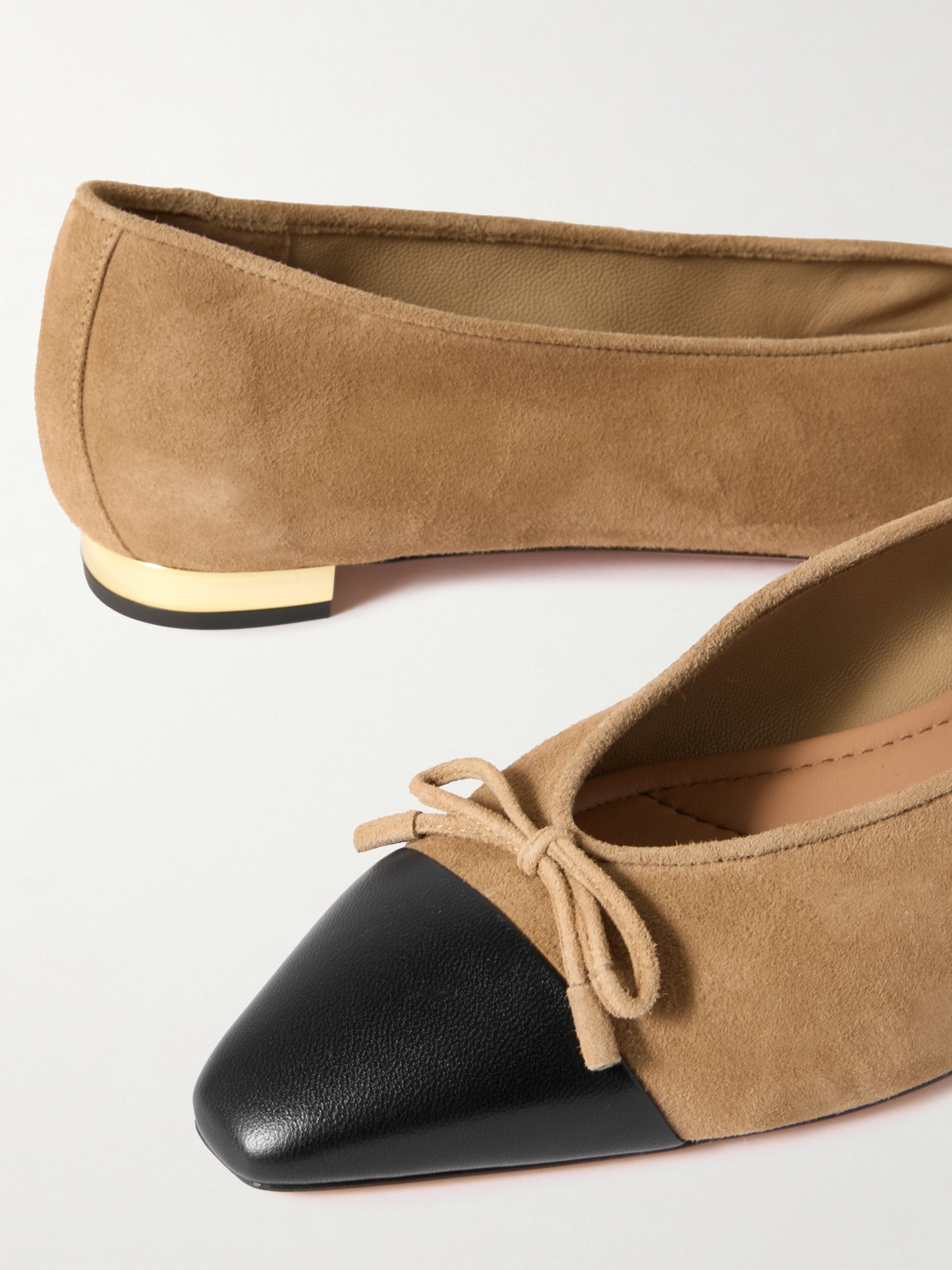 AQUAZZURA GIOIA BOW-DETAILED LEATHER-TRIMMED SUEDE BALLET FLATS