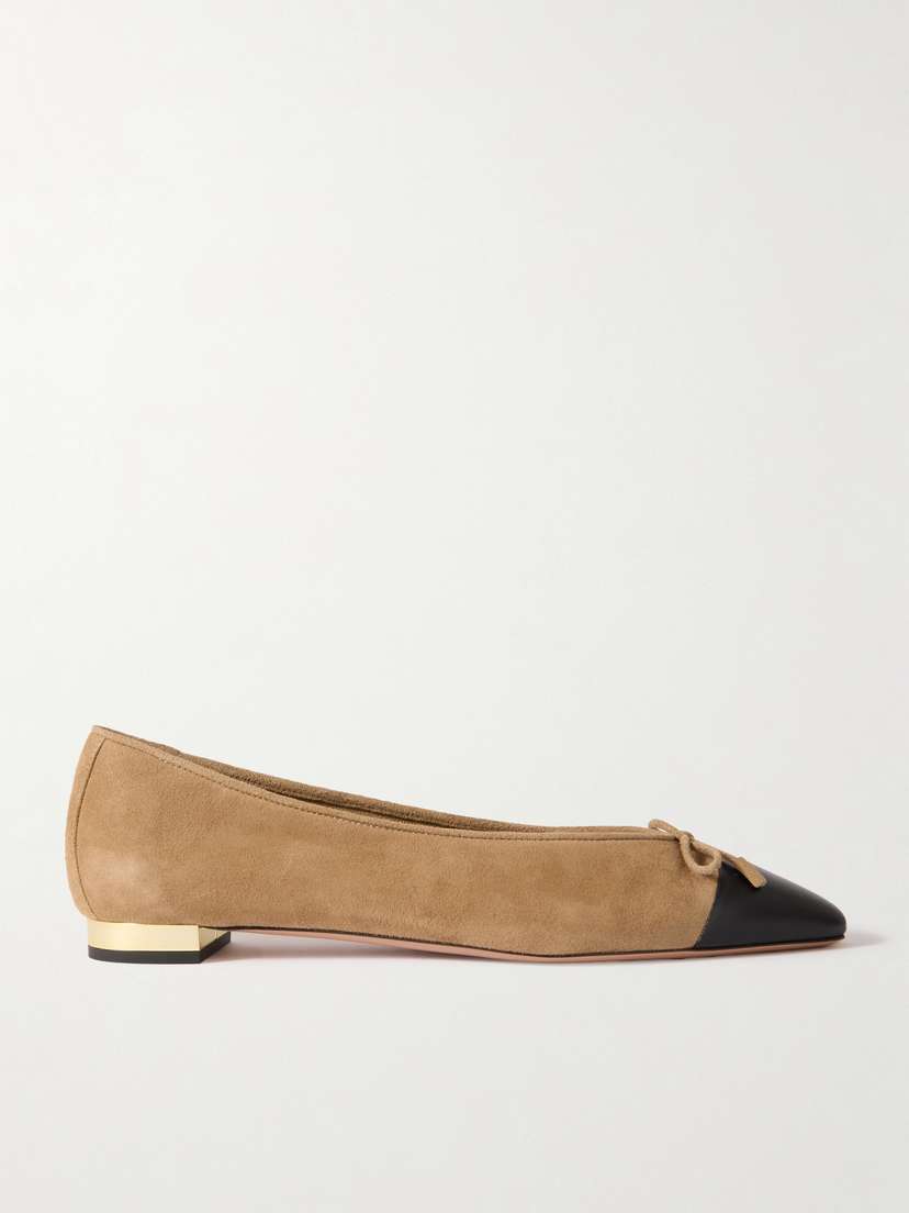 Aquazzura Gioia Bow-detailed Leather-trimmed Suede Ballet Flats