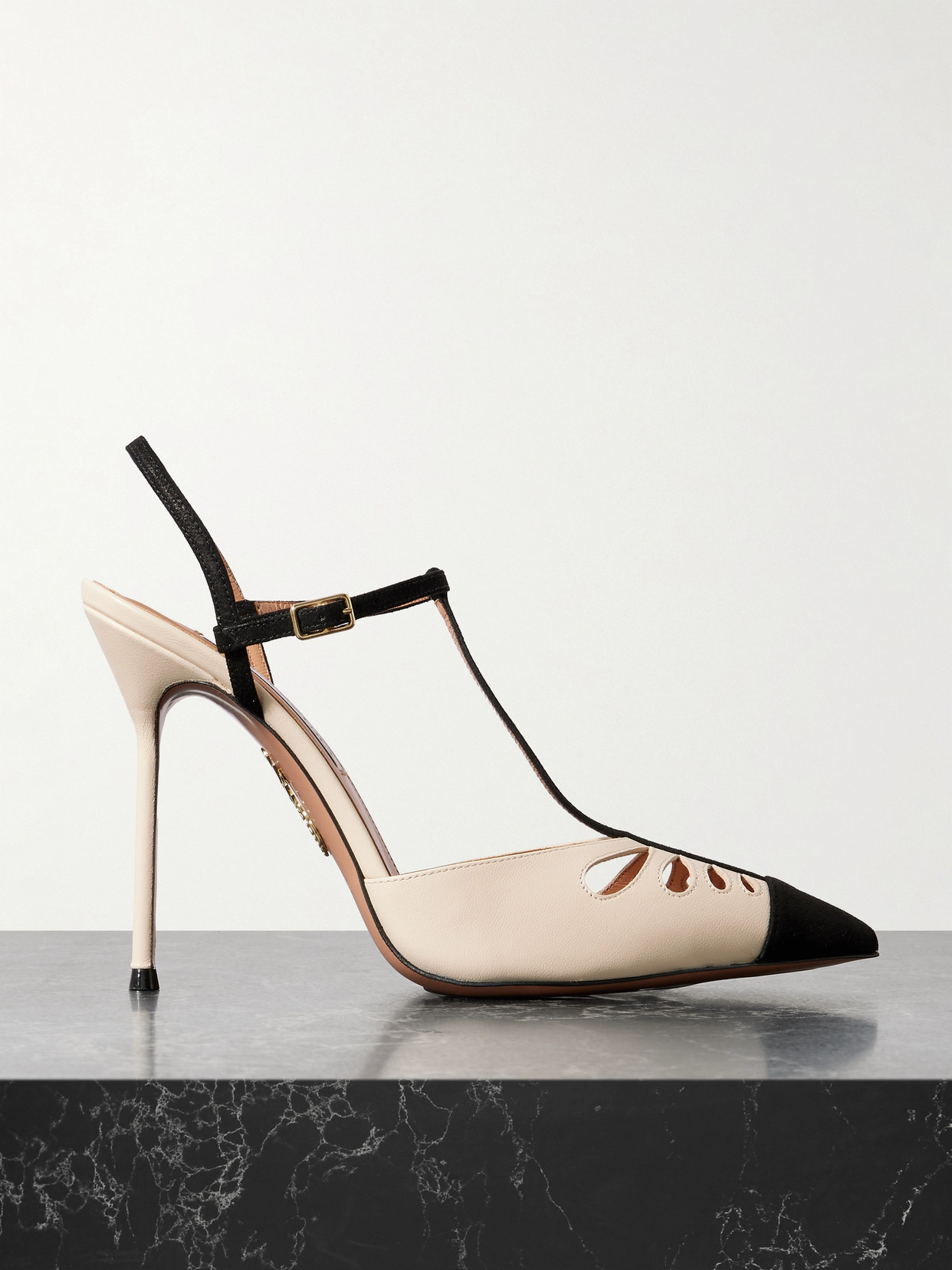 Aquazzura Camille 105 Suede-trimmed Cutout Leather Point-toe Pumps In Cream